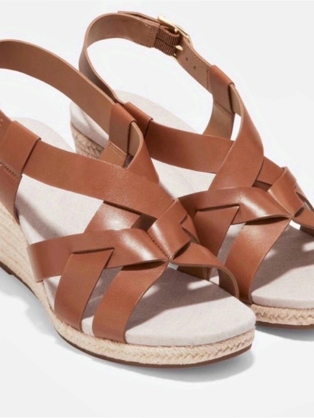 NWOT Cole Haan Crystal Wedge Leather Espadrille Strap Sandal Toffee Shoes 8 B